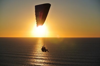 paragliding, ocean, sunset